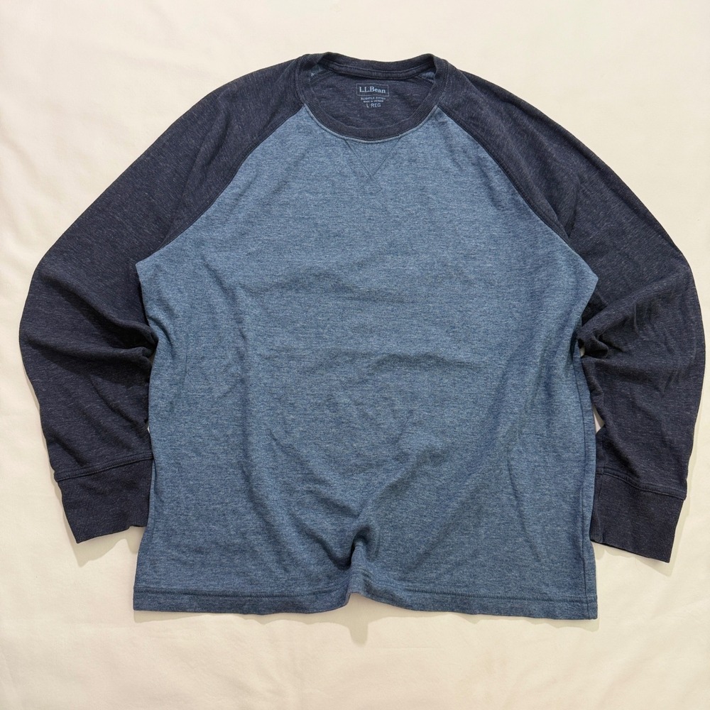LL Bean Raglan Shirt Mens L Blue Heathered Long Sleeve Slightly Fitted 501142